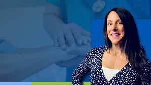 Nursing home patient and nurse hands with Dr. Jean Storm headshot